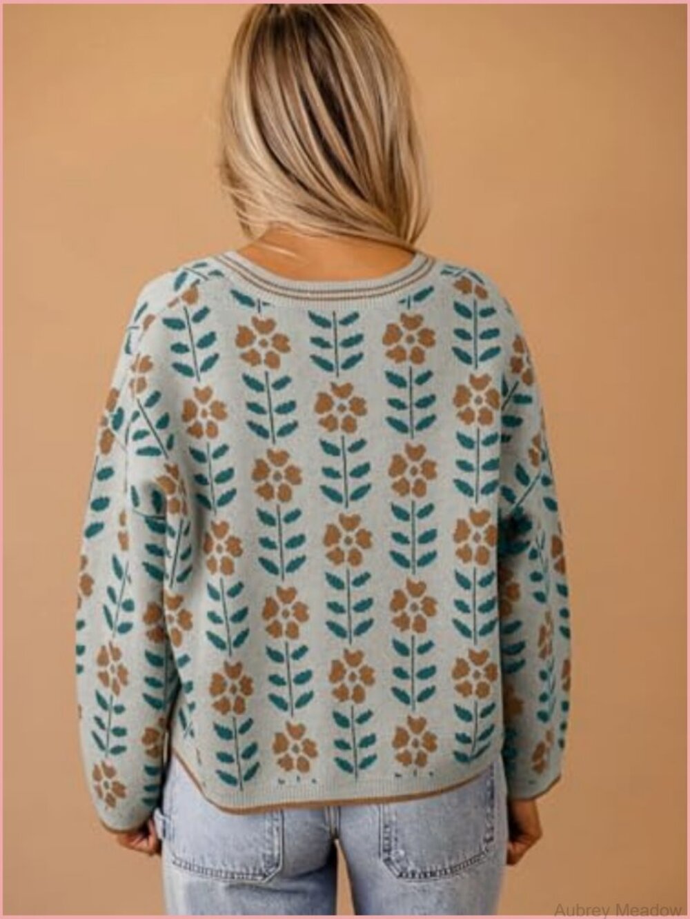 Floral Print V Neck Cardigan Open Front Button Down Knit Sweater Long Sleeve - Picture 3 of 7
